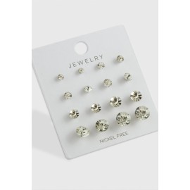 16 Adet Tek Taşlı Küpe-Gümüş Rengi