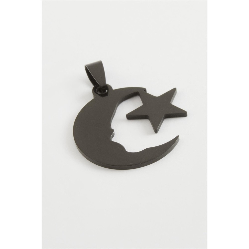 Ay Yıldız Çelik Kolye Ucu 3 cm-Siyah