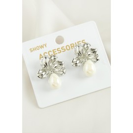 Çiçek Damla Trend İnci Küpe-Gümüş Rengi