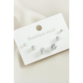 6 Adet Yuvarlak Zirkon Taşlı Çelik Küpe-Gümüş Rengi