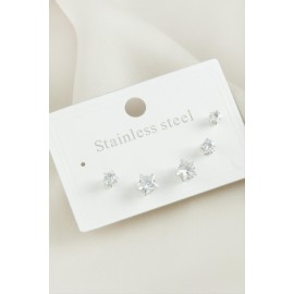 6 Adet Yıldız Zirkon Taşlı Çelik Küpe-Gümüş Rengi