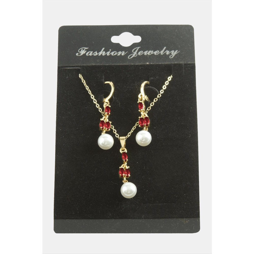 Çiçek İnci Zirkon Taşlı Set Kolye-Yeşil