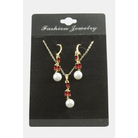 Çiçek İnci Zirkon Taşlı Set Kolye-Kırmızı