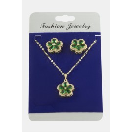 Çiçek Zirkon Taşlı Set Kolye-Kırmızı