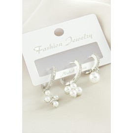 3 Adet Çiçek İnci Zirkon Taşlı Küpe-Gümüş Rengi