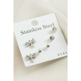 6 Adet Yusufçuk Taşlı Çelik Küpe-Gümüş Rengi