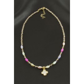 Çiçek Sedef Cam Boncuk Kristal Kolye-Sarı