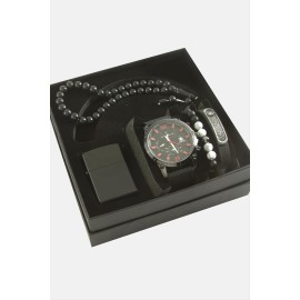Kayışlı Kol Saati Tesbih Bileklik ve Çakmak Kutulu Set-Siyah