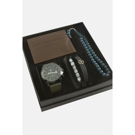 Kayışlı Kol Saati Tesbih Bileklik ve Cüzdan Kutulu Set-Yeşil