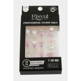 Misyul Taşlı Takma Tırnak 24 Adet-Pembe