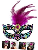 Siyah Kadife Üzeri Rengarenk Payetli Pullu Pembe Tüylü Pembe Taşlı Parti Maskesi 19x21 cm
