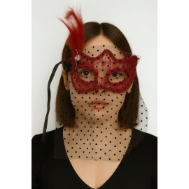 Kırmızı Renk Dantelli Duvaklı İncili Parti Maskesi Balo 