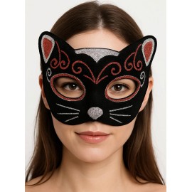 Kadife Dokulu Sim Detaylı Işıltılı Kedi Maskesi Kırmızı Gümüş 20x13 cm