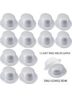 Gümüş Renk Simli Melon Yuvarlak Parti Şapkası 12 Adet