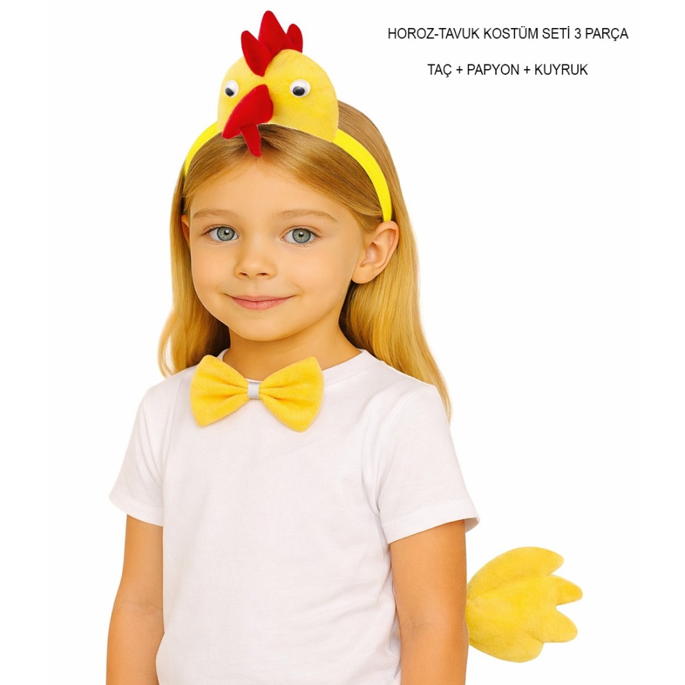Horoz – Tavuk Kostüm Aksesuar Seti - Taç Papyon Kuyruk