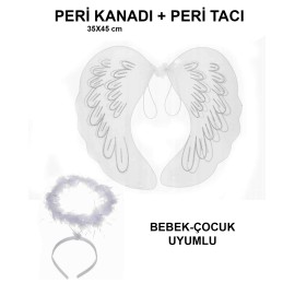 Beyaz Dantel Tüllü Peri Kanadı ve Peri Tacı Seti 45x40 cm