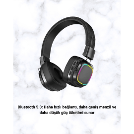 Kablosuz RGB Işıklı Katlanabilir Bluetooth Kulak Üstü Kulaklık