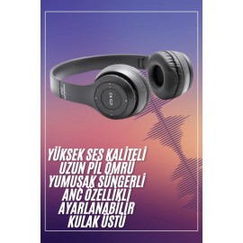 Bluetooth Kablosuz Kulaklık Siyah Wireless 5.0 Kulak Üstü Uzun Pil Ömrü