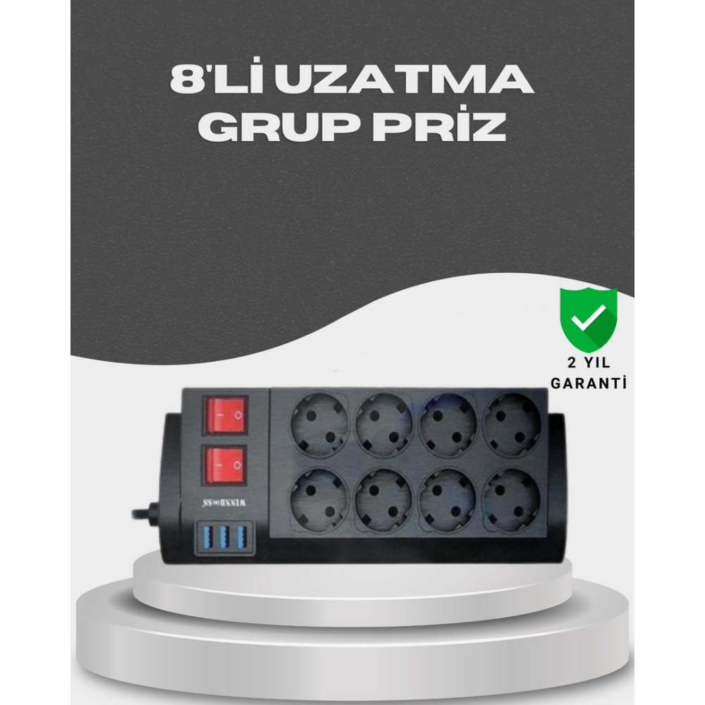 Akım Korumalı 8’li Priz 3 USB’li Uzatma Kablosu Isıya Dayanıklı 2 Metre