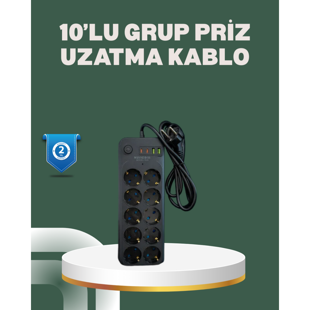 Termal Koruma Sistemli USB Type-C 10’lu Grup Priz 2m 2500W Güç Kapasiteli