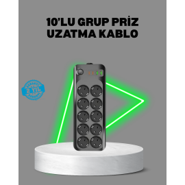 Termal Akım Korumalı 10’lu Grup Priz USB Type-C Hızlı Şarj 2500W 2m Kablo