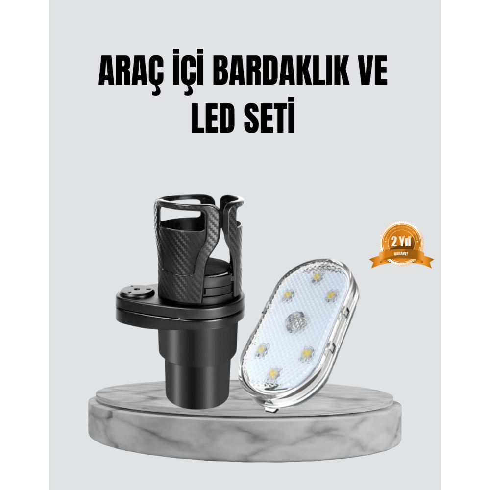 360° Döner Çiftli Bardak Tutucu ve Kablosuz Ambiyans LED Işık Araç Seti