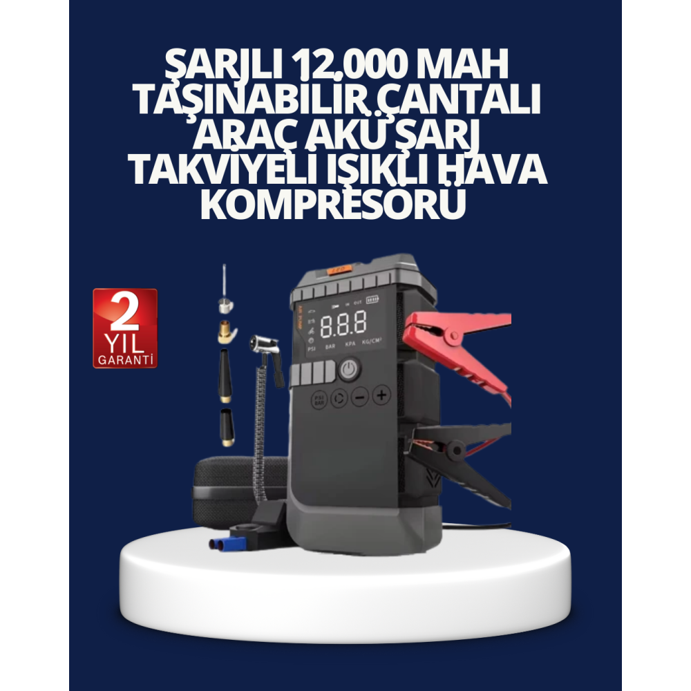 Şarjlı 12000 mAh Araç Akü Takviye ve Hava Kompresörü 4’ü 1 Arada