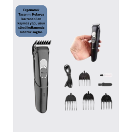 Sessiz Motorlu, Kablosuz Kullanımlı Şarjlı Saç ve Sakal Kesme Makinesi – Taraklı Set