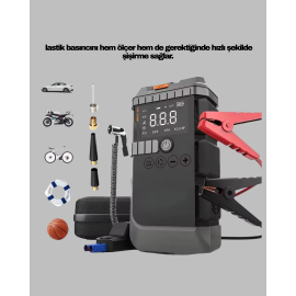 Şarjlı 12000 mAh Araç Akü Takviye ve Hava Kompresörü 4’ü 1 Arada