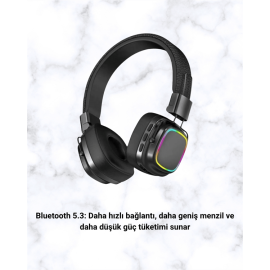 Kablosuz RGB Işıklı Katlanabilir Bluetooth Kulak Üstü Kulaklık
