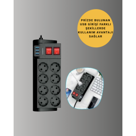 Isıya Dayanıklı Termal Akım Korumalı 8'li Priz ve 3 USB Girişli Uzatma Kablosu