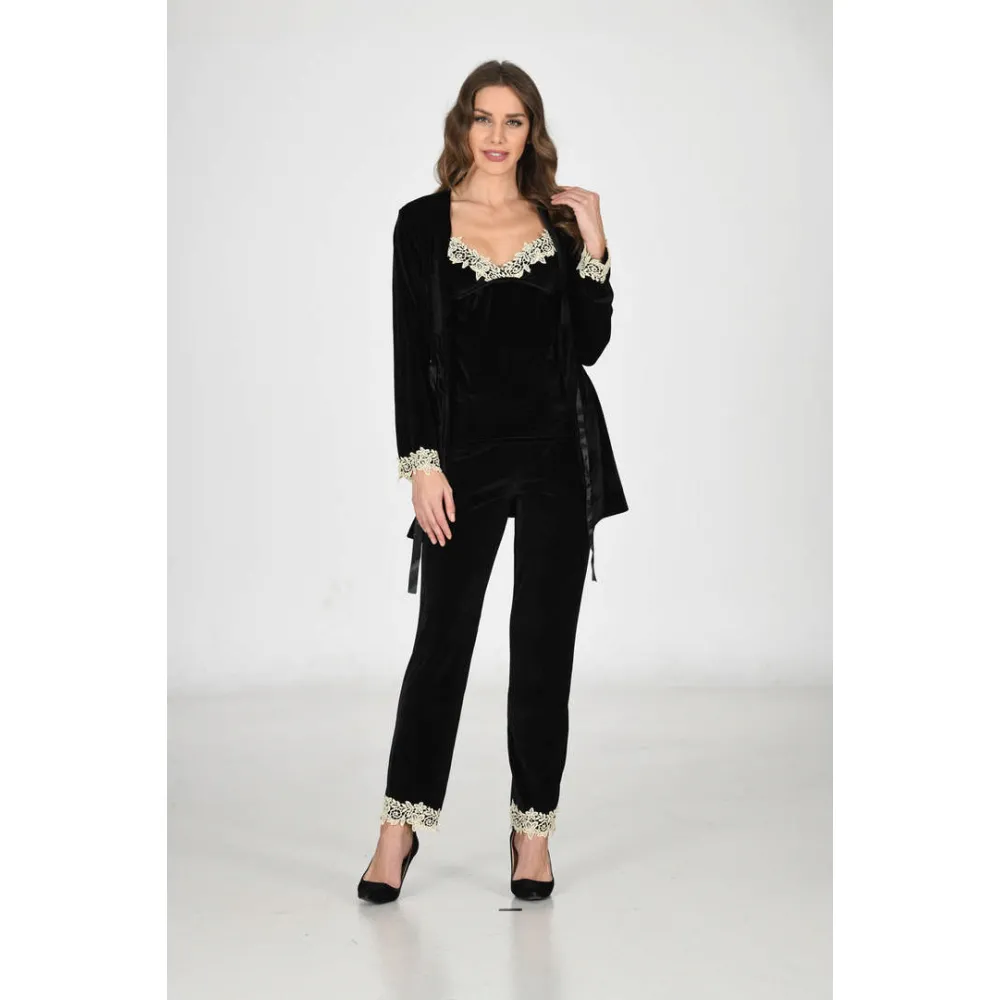 Siyah Kadife Sabahlık & Gecelik Takım 3' Lü - 1441 - Beden L