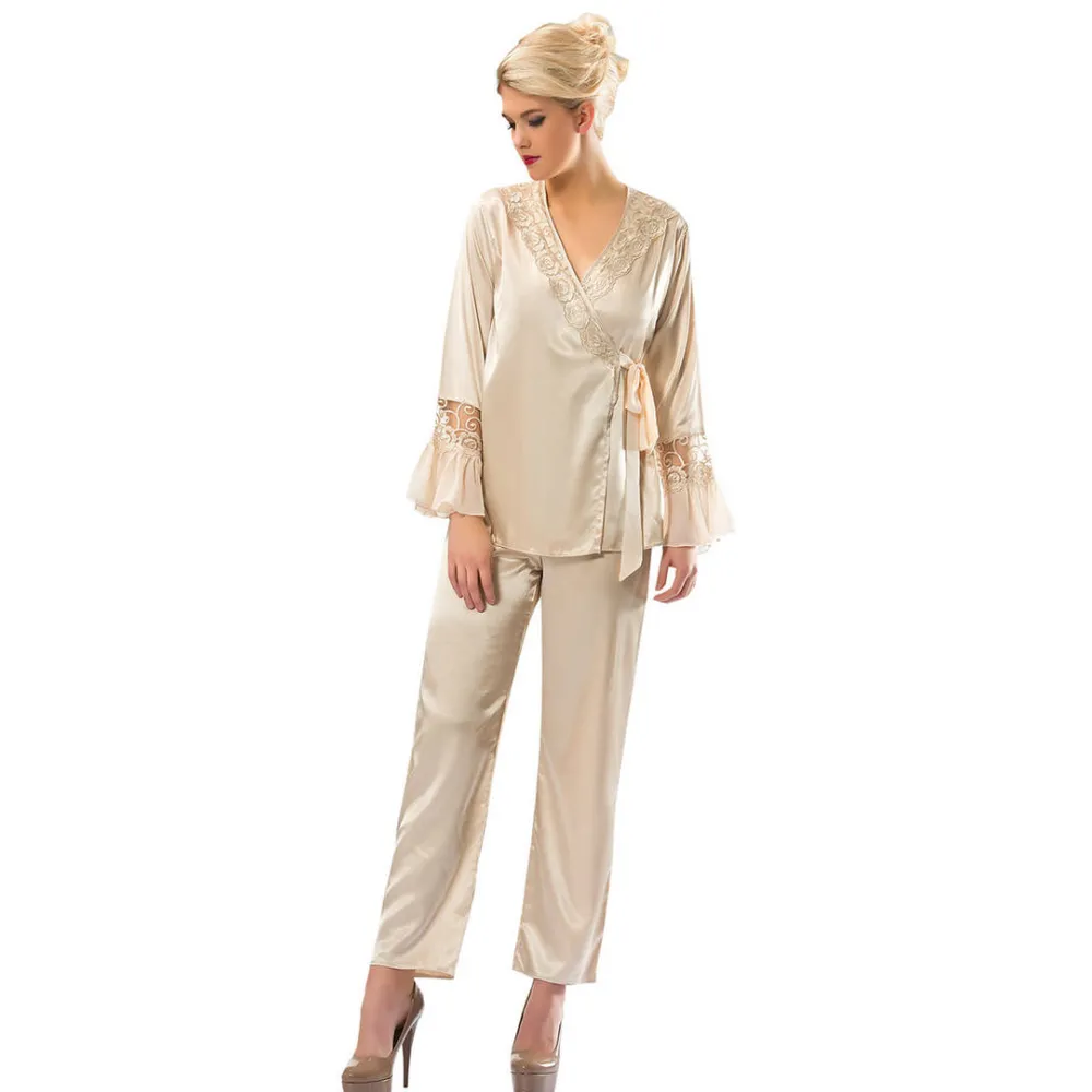 Gold Rengi Saten Pijama Takımı - 1592 - Beden S