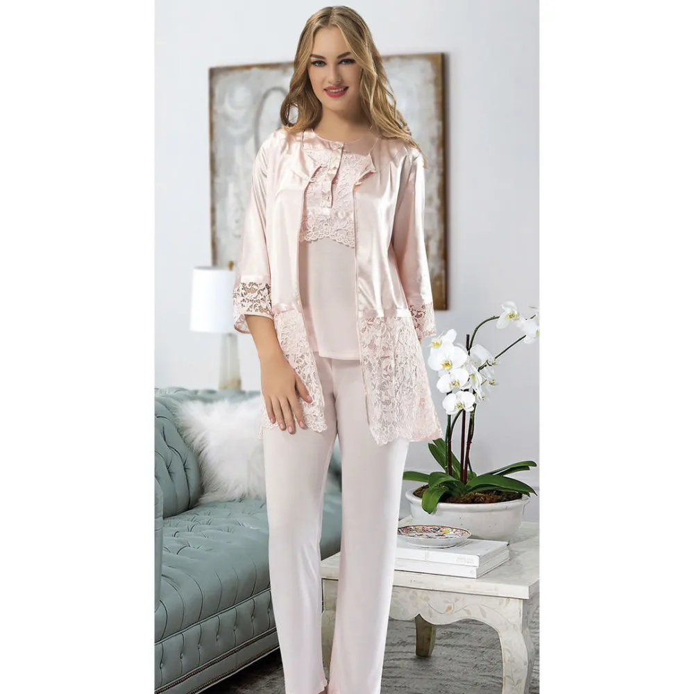 Pudra Penye Pijama Takımı - 1417 - Beden S/M