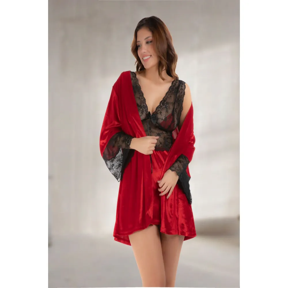 Kırmızı Kadife Sabahlık & Gecelik Takım 2' Li - 1442 - Beden L