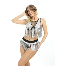 Gri Deri ( Lame ) Püsküllü Gecelik - 428 - Beden S/M