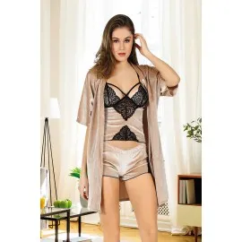 Vizon Kadife Dantelli Sabahlık & Gecelik Takım 3' Lü - 1398 - Beden S/m
