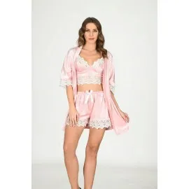 Pudra Kadife Dantelli Sabahlık & Gecelik Takım 3' Lü - 1438 - Beden Xl