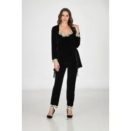 Siyah Kadife Sabahlık & Gecelik Takım 3' Lü - 1441 - Beden Xl