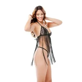 Siyah Püsküllü Dantel Gecelik - 225 - Beden Standart