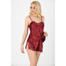 Bordo Saten Babydoll Şortlu Takım - 281 - Beden L/XL