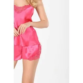 Fuşya Saten Babydoll Şortlu Takım - 279 - Beden L/xl