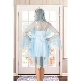 Beyaz Turkuaz Tül Dantelli Sabahlık & Gecelik Takım 2' Li - 1478 - Beden S/m