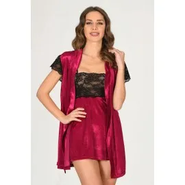 Fuşya Kadife Sabahlık & Gecelik Takım 2' Li - 1427 - Beden L