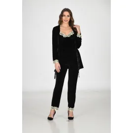 Siyah Kadife Sabahlık & Gecelik Takım 3' Lü - 1441 - Beden L