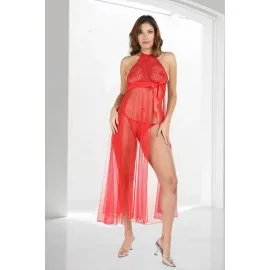 Kırmızı Dantelli Tül Gecelik - M057 - Beden S/m