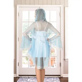 Beyaz Turkuaz Tül Dantelli Sabahlık & Gecelik Takım 2' Li - 1478 - Beden L/XL