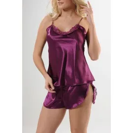 Mor Saten Babydoll Şortlu Takım - 330 - Beden S/m