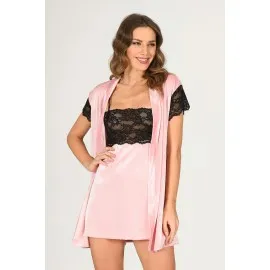 Pudra Kadife Sabahlık & Gecelik Takım 2' Li - 1430 - Beden S/m