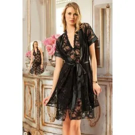 Siyah Dantelli Sabahlık & Gecelik Takım 2' Li - 1455 - Beden S/m
